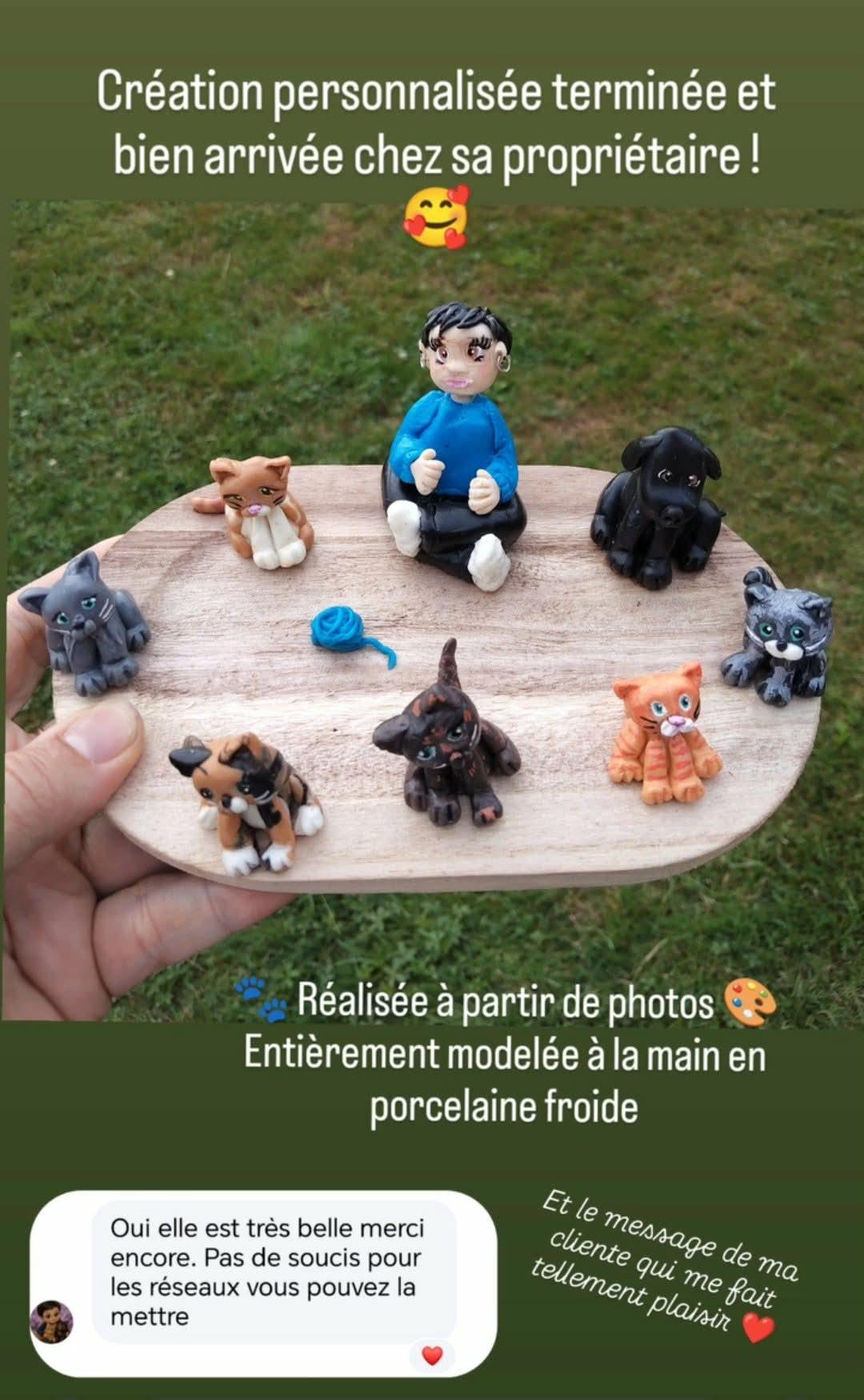 Création personnalisée en porcelaine froide avec des figurines d'animaux et un personnage. 