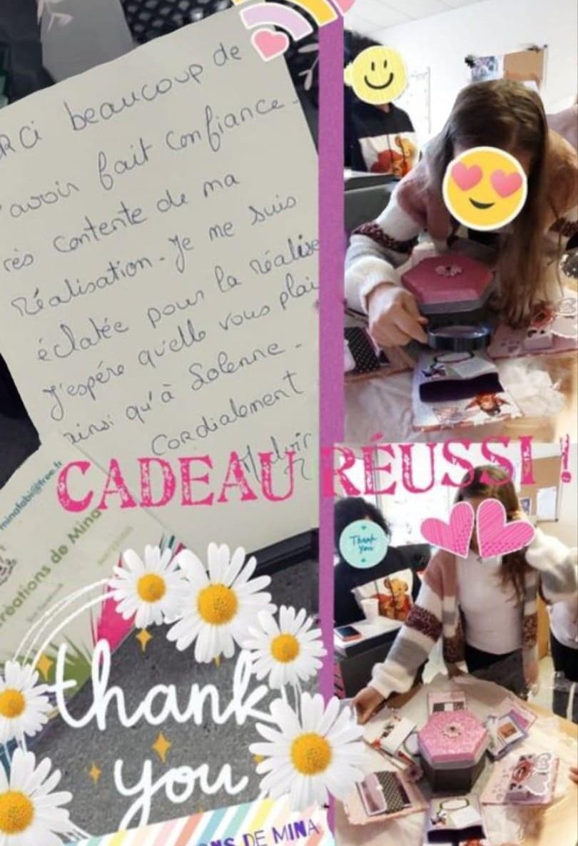 Avis client Les Ré-Créations de Mina : cadeau personnalisé unique, réalisé avec soin et succès, service à l’écoute et créativité assurée