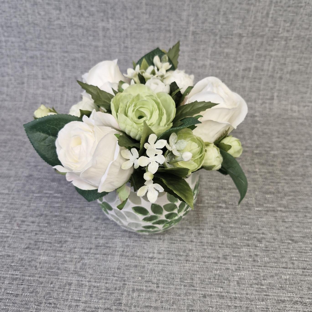 Faux flower arrangement green and white