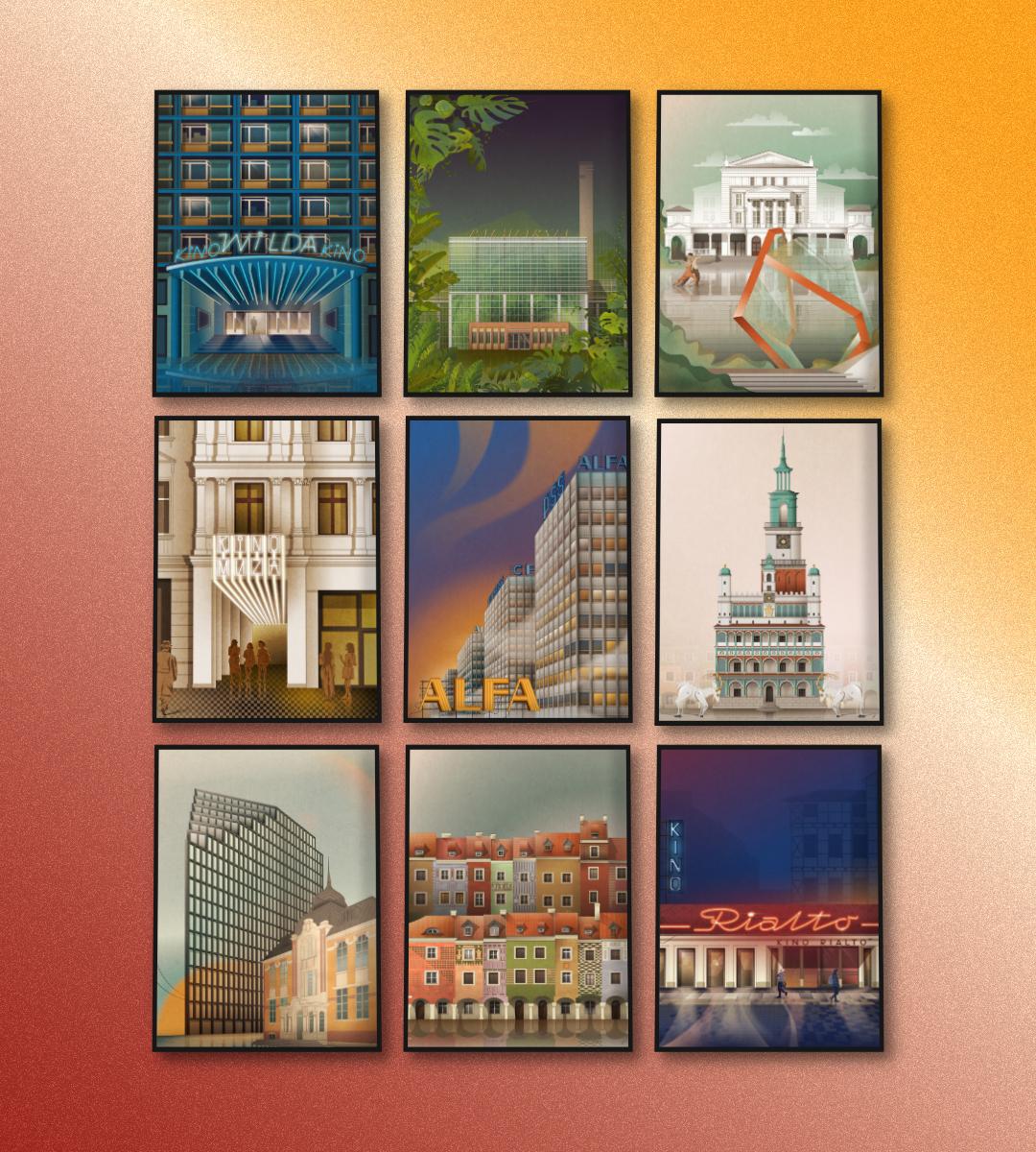 Kolekcja autorskich plakatów i grafik architektonicznych przedstawiających Poznań autorstwa Konrada Kunca.