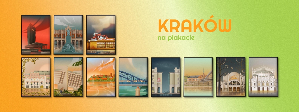 Kolekcja autorskich plakatów i grafik architektonicznych przedstawiających Kraków autorstwa Konrada Kunca.