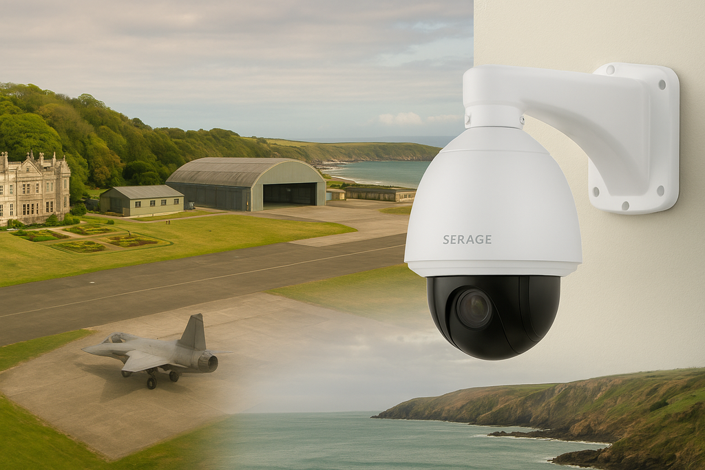 A composite digital photograph showing the evolution of Jemcom CCTV’s work, featuring a stately royal estate, a military airfield with a jet and hangar, and the rugged Cornish coastline. In the foreground, a white Serage CCTV dome camera is mounted on a wall, symbolising advanced modern surveillance technology bridging historic and modern security environments.