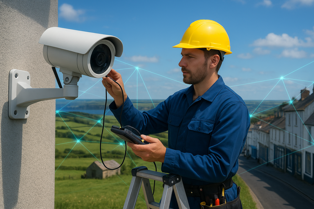 A professional CCTV technician on a ladder testing a wall-mounted security camera outside a commercial building, with equipment in hand and maintenance tools nearby, representing professional CCTV servicing and maintenance in Cornwall and Devon.