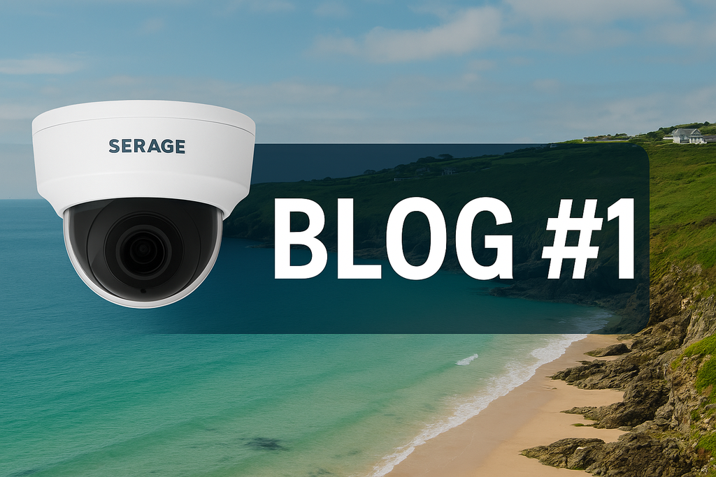 Serage white 8MP smart dome CCTV IP Turret camera overlaid on a scenic Cornwall beach with turquoise waters, featuring a navy-blue banner with the text Blog #1
