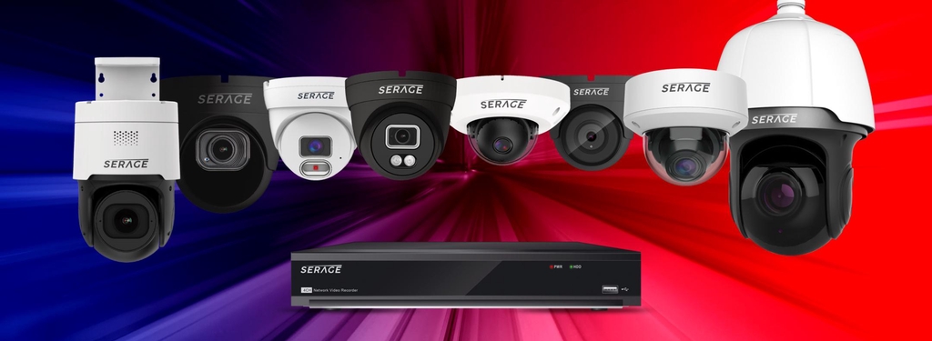 Cinematic banner image featuring the Cornish coastline at dusk with a turquoise and navy digital glow. Serage CCTV cameras, including a white turret, PTZ, and doorbell camera, are highlighted in a futuristic spotlight with energy light streaks, symbolising advanced AI-powered security technology