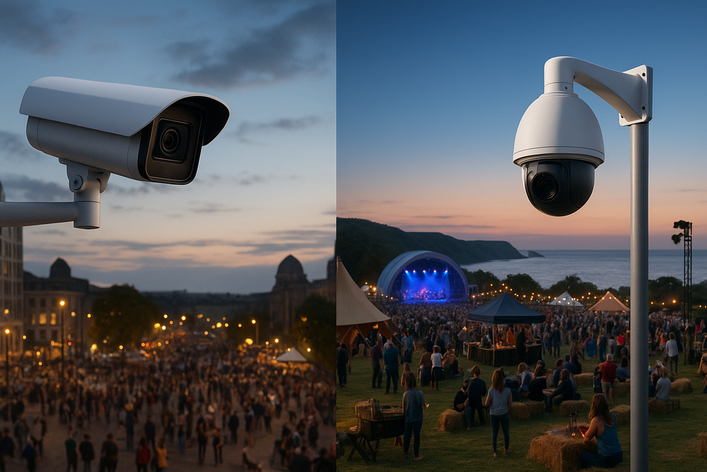 A high-resolution image of a modern white CCTV cameras overlooking a large outdoor music festival in the Cornish countryside, with crowds, tents, and a stage under a bright blue sky — representing Jemcom CCTV’s event security and Martyn’s Law compliance solutions across Cornwall and Devon