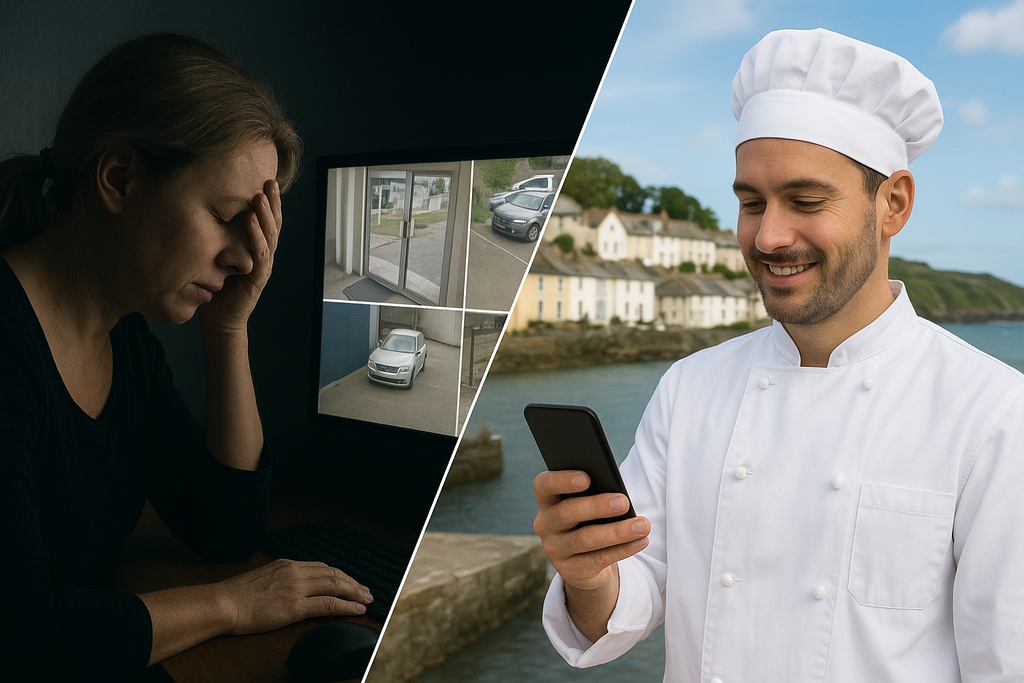 A split-screen image showing the evolution of modern CCTV in Cornwall. On the left, a bright, high-tech security control screen displays a four-way split of surveillance footage—covering a shop entrance, car park, vehicle driveway, and storage area. On the right, a local shopkeeper in a white baker’s uniform looks at his smartphone, smiling as a live security alert notification appears. The image symbolizes how intelligent CCTV systems like Serage empower small businesses with real-time awareness and protection.