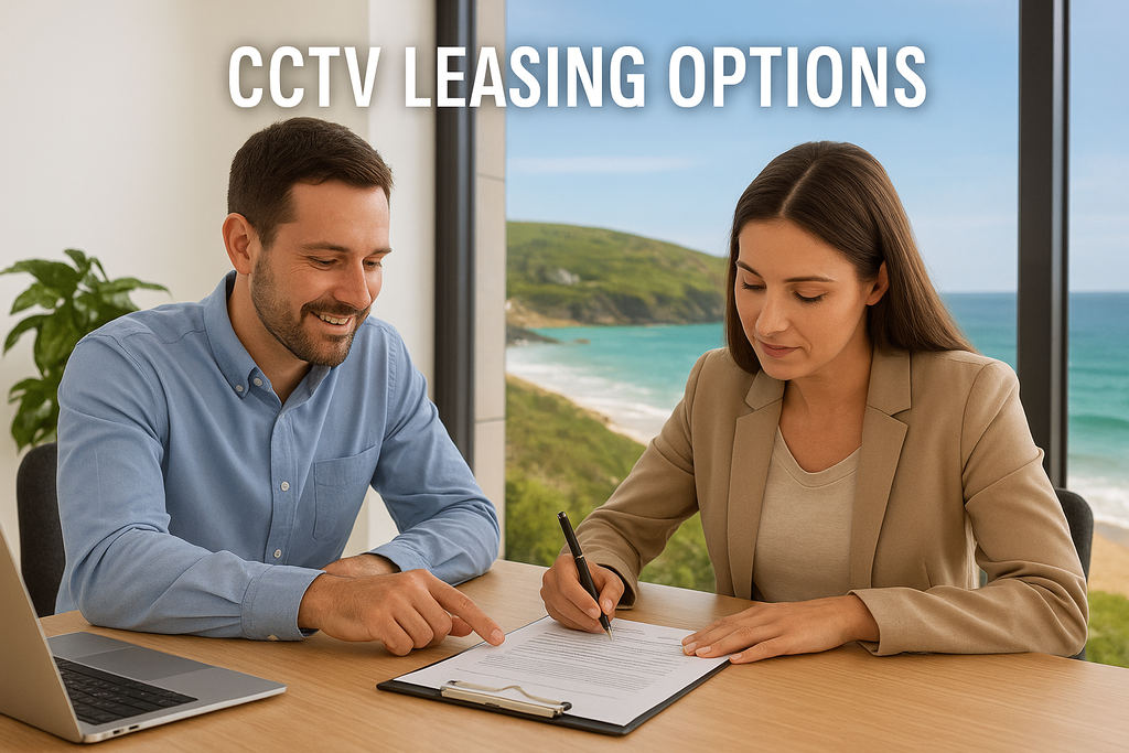 Image of a client signing CCTV leasing paperwork with a backdrop of a Cornwall coastline