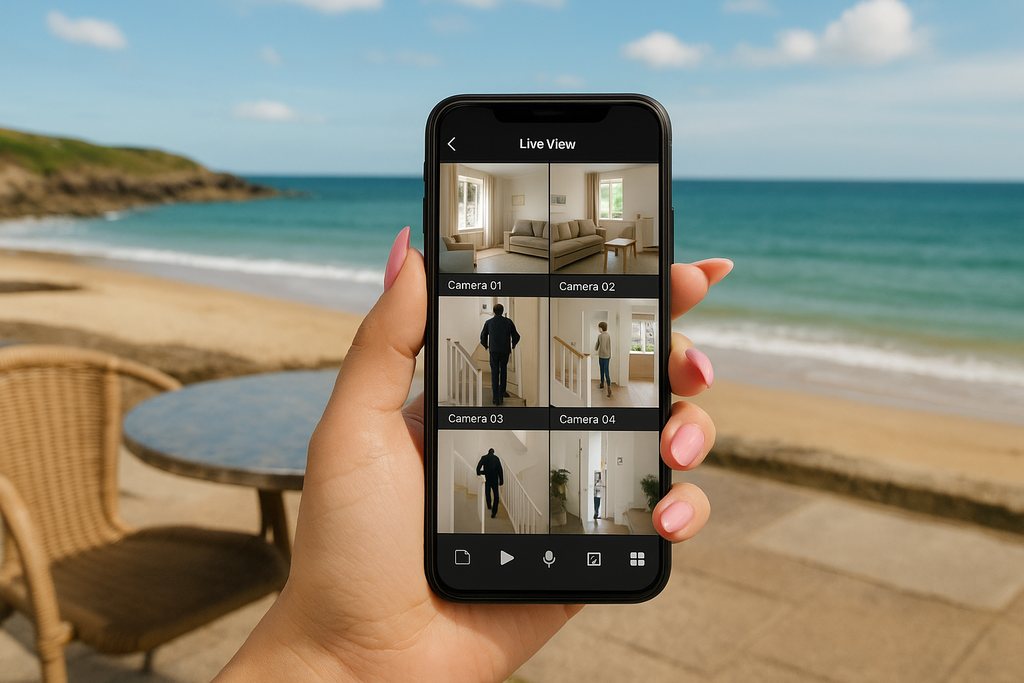 Female hand with long pink nails holding a smartphone displaying four live CCTV camera feeds, sitting at a Cornish beach café with sea and coastline in the background
