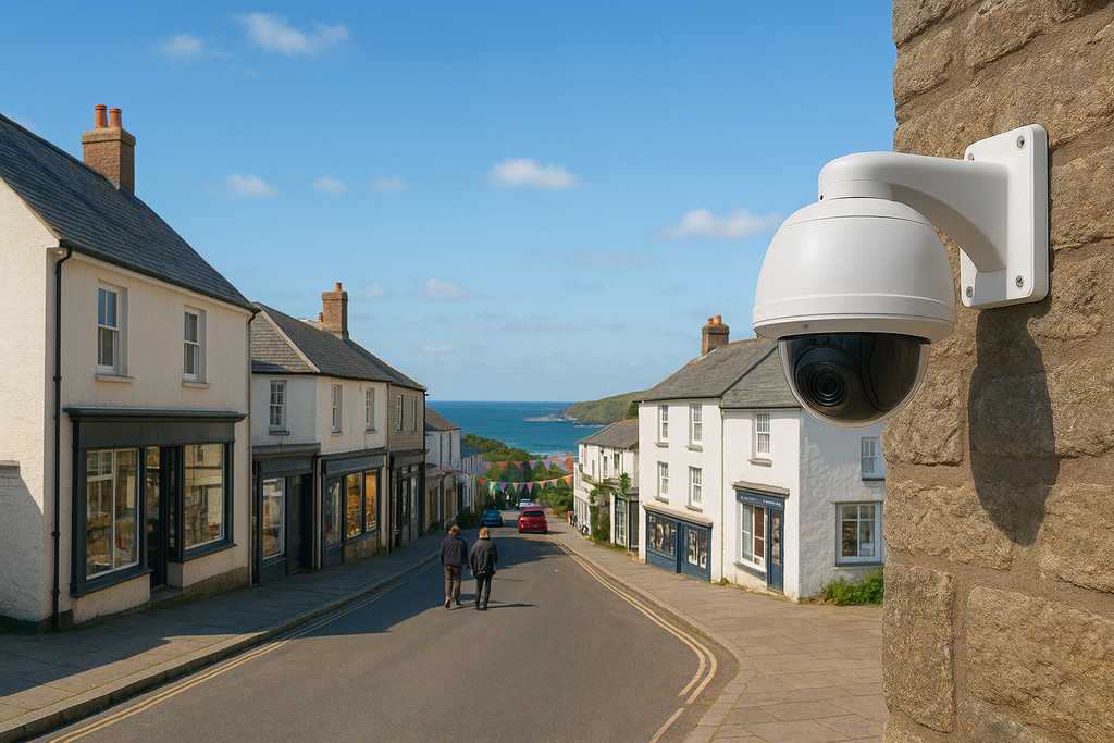 A high-resolution daytime photograph of a Cornish coastal village street with a white Serage dome CCTV camera mounted on a stone wall in the foreground. The image overlooks a bright, bustling street lined with traditional cottages, shopfronts, and colorful bunting leading toward the blue sea and rolling hills beyond, symbolizing community safety and local surveillance in Cornwall.