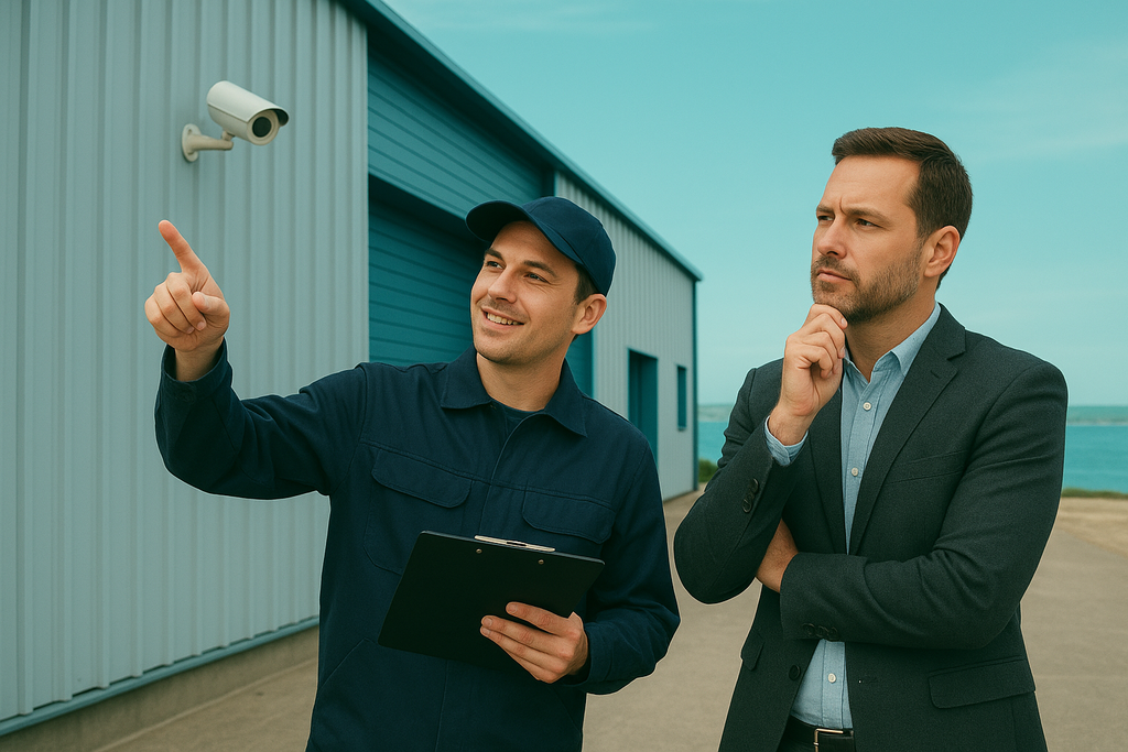 CCTV installer and business owner planning camera setup outside Cornish industrial unit