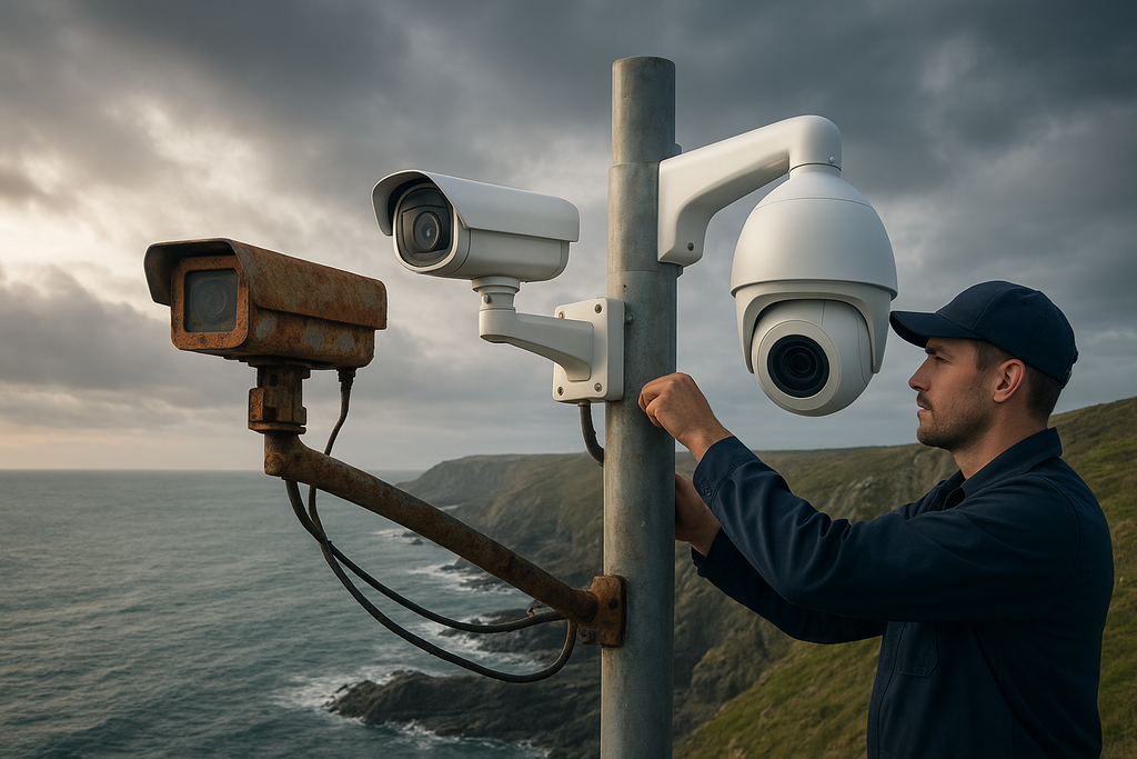A Jemcom engineer adjusts a modern white CCTV camera mounted on a pole overlooking a rugged Cornish coastline. Beside the new camera, an old rusty shoebox-style CCTV camera represents the evolution of surveillance technology. Moody coastal skies and soft sunlight create a professional, dramatic atmosphere.