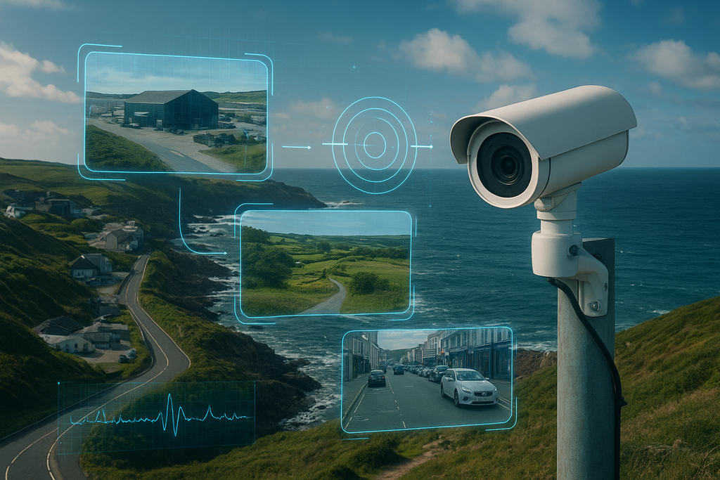 A modern CCTV camera installed by Jemcom CCTV overlooks Cornwall’s rugged coastline under clear skies. Digital blue holographic overlays display AI-style live feeds from industrial sites, rural roads, and a coastal town street, symbolizing intelligent surveillance technology monitoring the county.