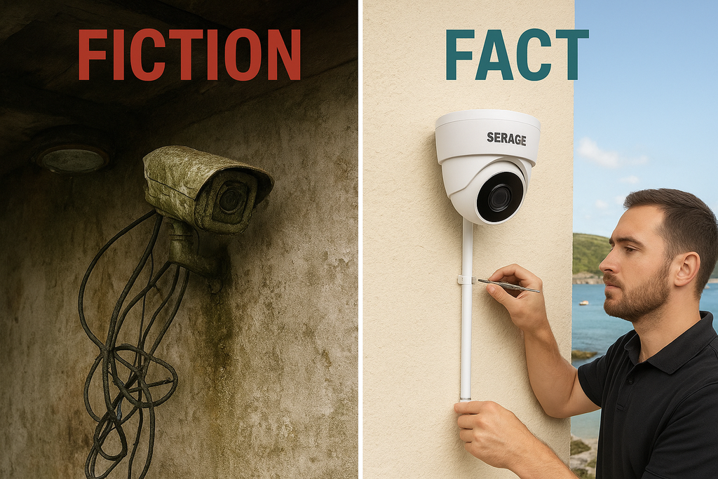 Split photographic image comparing poor DIY CCTV and professional installation. The left side shows an old, algae-covered camera with tangled wires in a grim farm building under the label “Fiction.” The right side shows a qualified engineer installing a clean Serage CCTV camera in neat trunking against a Cornish seaside backdrop under the label “Fact.” The image highlights the contrast between unreliable and professional CCTV systems.