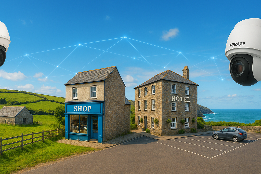 A vibrant panoramic image of the Cornish countryside featuring a farm, a shop, a coastal hotel, and a car park under a bright blue sky. Two Serage CCTV cameras appear on each side, connected by glowing digital lines symbolising smart security coverage across Cornwall’s rural and coastal businesses
