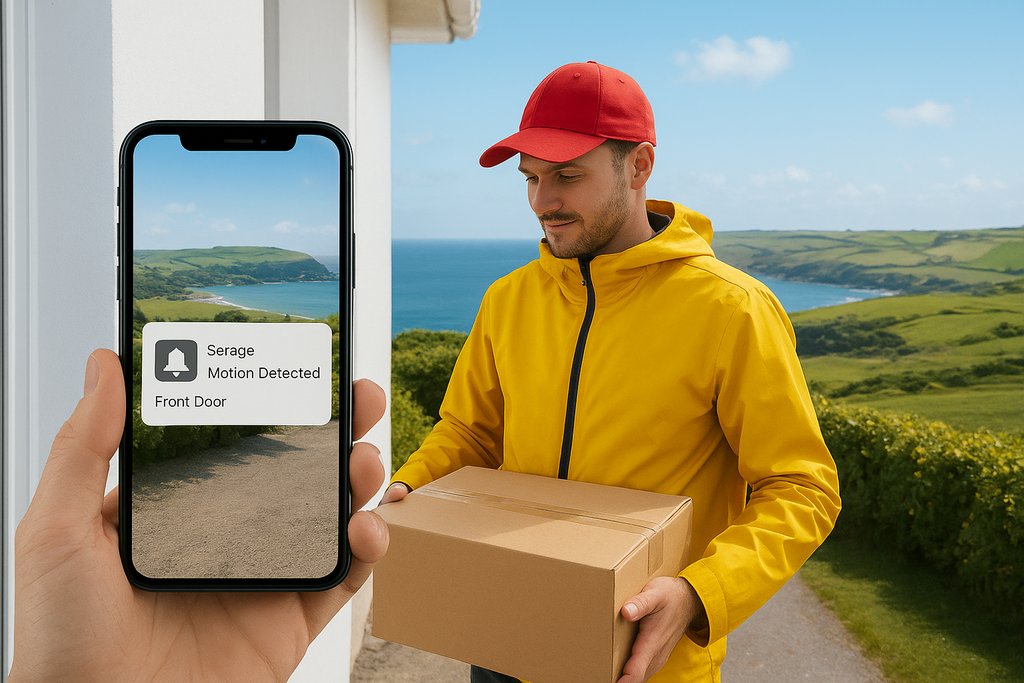 A high-resolution daytime photograph showing a delivery driver in a red cap and yellow jacket holding a package outside a modern Cornish home. In the foreground, a hand holds a smartphone displaying a live feed of the same driver with a “Serage Motion Detected – Front Door” alert. Behind them, the view opens up to rolling green hills and the Cornish coastline under clear blue skies, symbolising smart home security and remote monitoring.