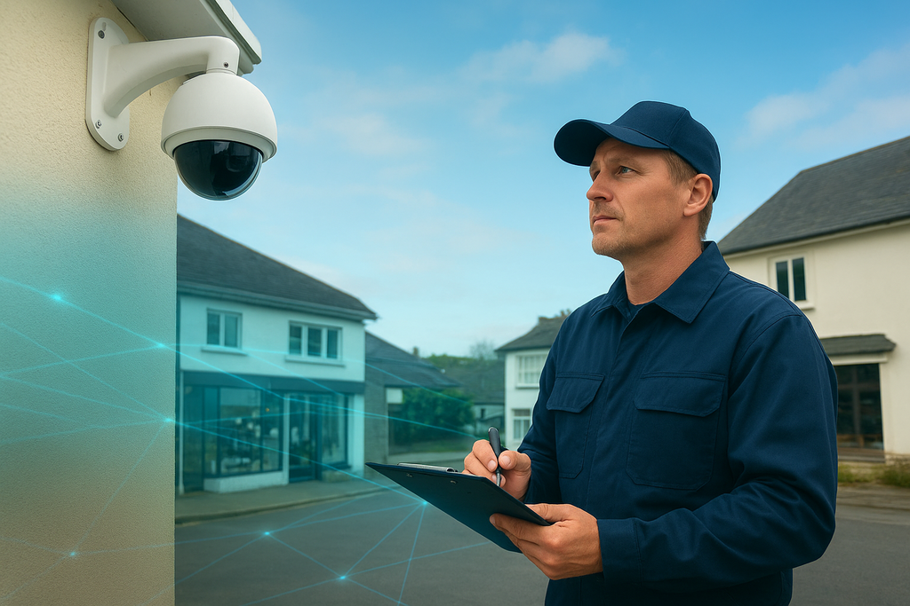 A professional CCTV technician standing outside a Cornish business premises, holding a tablet and inspecting a modern Serage dome camera mounted on the wall. The background shows the rugged Cornish coastline with clear skies, symbolising reliable local service and security expertise across Cornwall and Devon.