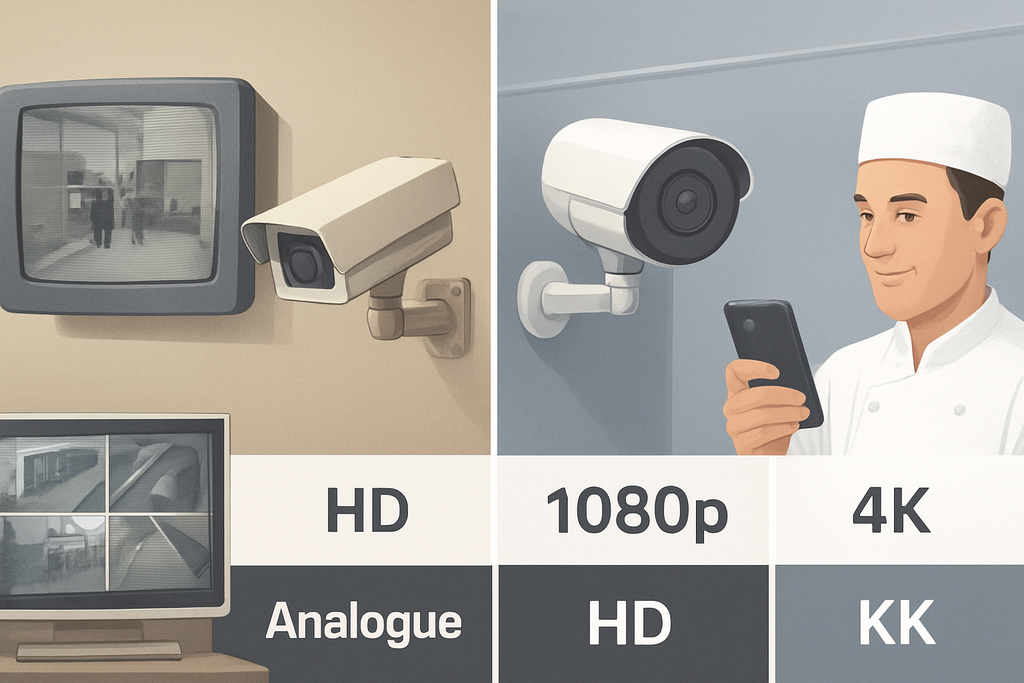A composite digital illustration showing the evolution of CCTV technology over time — from a vintage 1990s monochrome security monitor with grainy VHS footage, progressing through HD1080p and 4K systems, to a sleek modern 12MP Serage camera displaying ultra-clear video on a smartphone and large monitor. The background subtly transitions from an old workshop setting to a clean, high-tech control room, symbolising decades of progress in surveillance image quality.