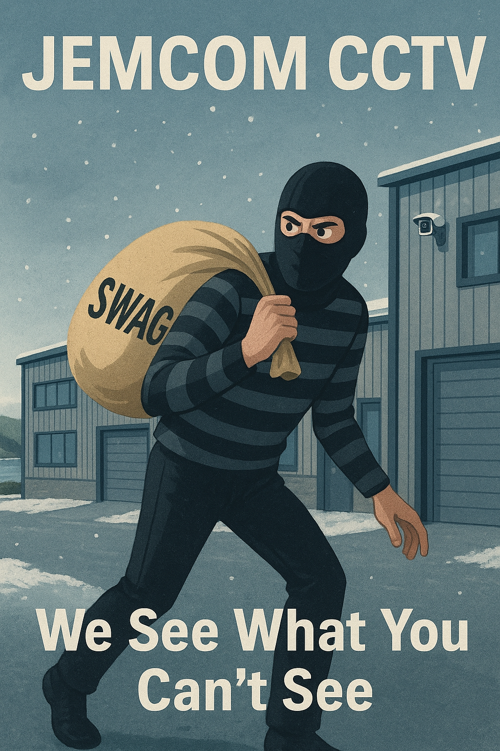 A stylised illustration of a masked thief in a black striped top carrying a large sack labelled ‘SWAG’ while sneaking past industrial units near a coastal area with light snowfall. Two CCTV turret cameras are mounted high on the building corners. The text ‘JEMCOM CCTV’ appears at the top of the image and ‘We See What You Can’t See’ appears at the bottom.