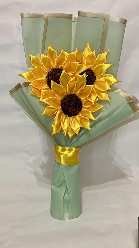 Stunning, stylish sunflowers bouquet made from satin ribbon 