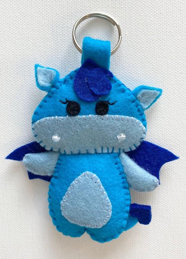 Hand stitched home dragon keyring blue