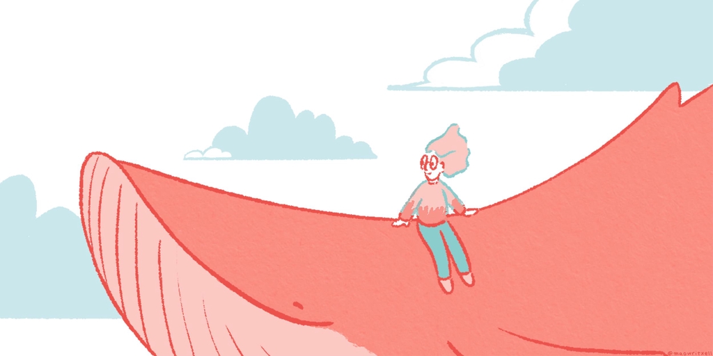 Ballena rosa/coral volando por las nubes, con una chica encima.