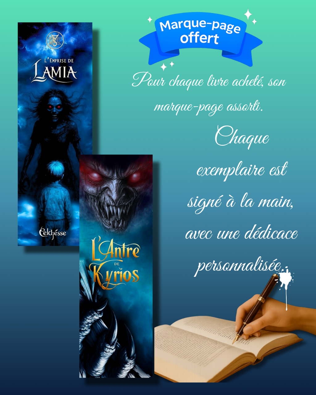 Chaque livre acheté inclut une dédicace personnalisée et un marque-pages collector.
Offrez-vous ou à vos proches une expérience de lecture unique !
