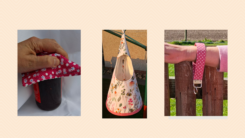 jar grippers in a pink or blue daisy print. Peg bag with a floral bee design hanging on washing line. Polka dot pink wristlet for attaching keys to keep your hands free