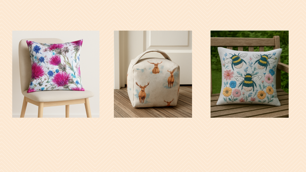 Thistle Cushion on a cream chair
Stag print door stop
Bee and flower embroidered look cushion on a garden bench