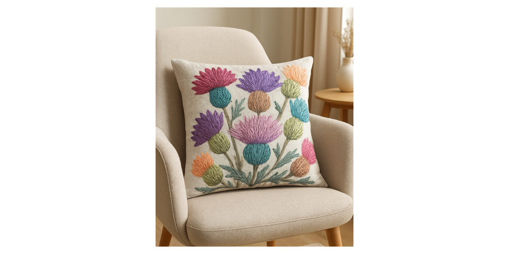 Embroidered look thistle cushion on a cream chair