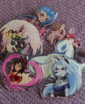 acrylic pins with your favorite characters from league of legends, hazbin hotel, helluva boss, pokemon and more