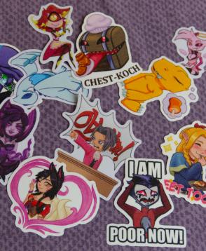cute glitter stickers of monsters and your favortie characters such as Hazbin hotel, helluvaboss. digimon, league of legends anime