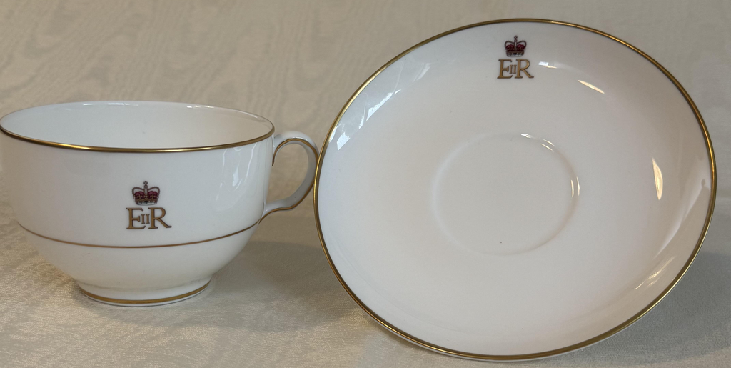22 carat gold trimmed breakfast mug and saucer set with custom embossed royal cypher.