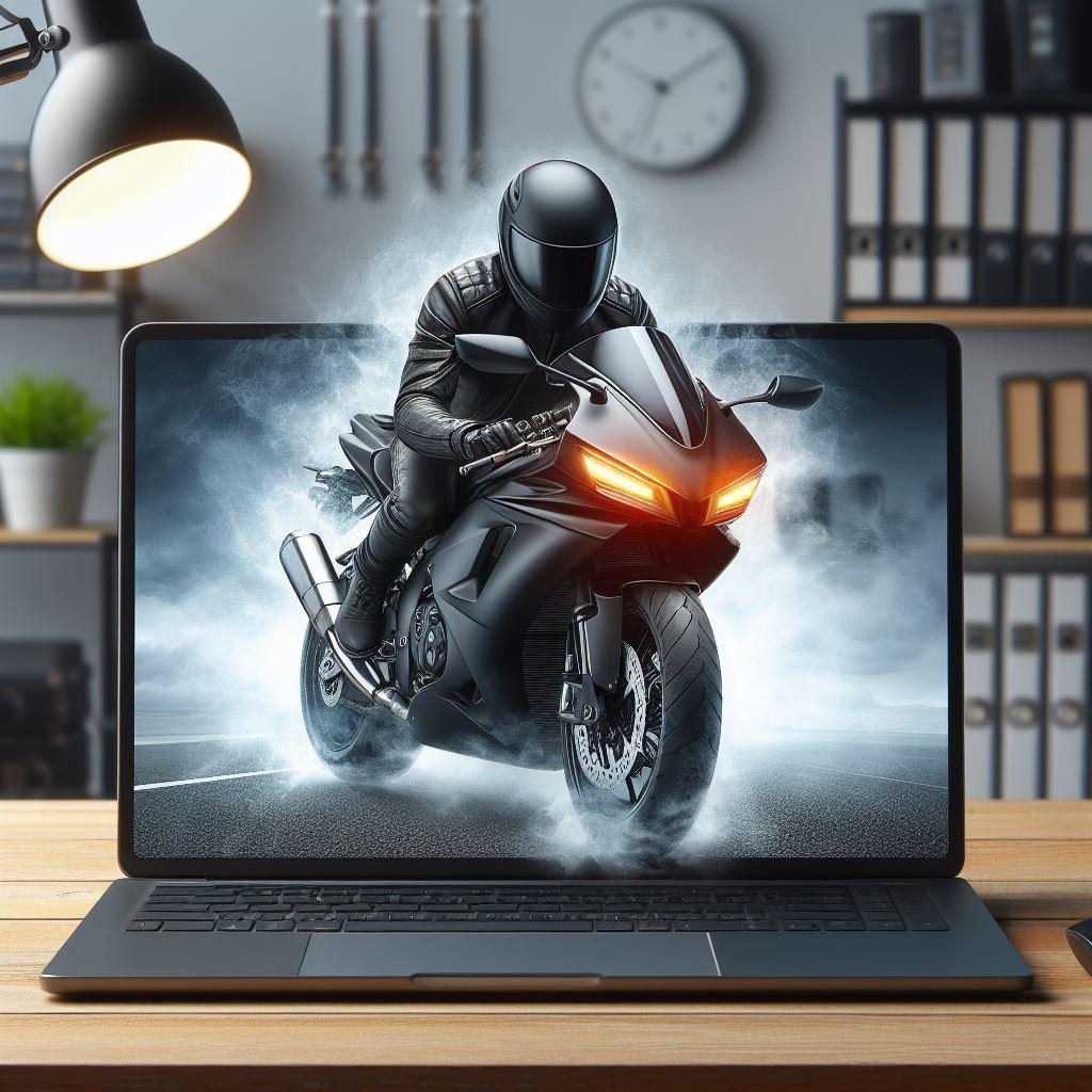 Motorcycle riding out of a laptop screen