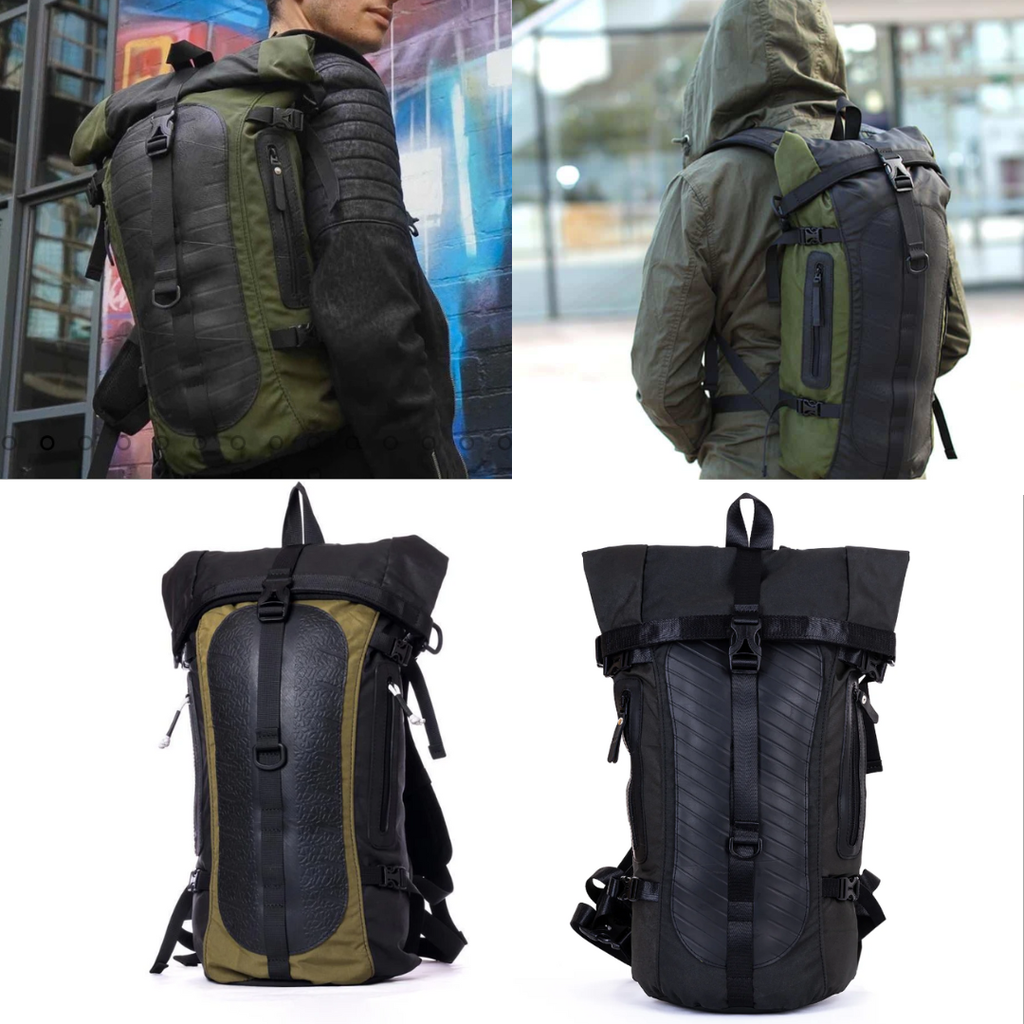 Water-resistant laptop backpack - upcycled canvas with inner-tube trim 