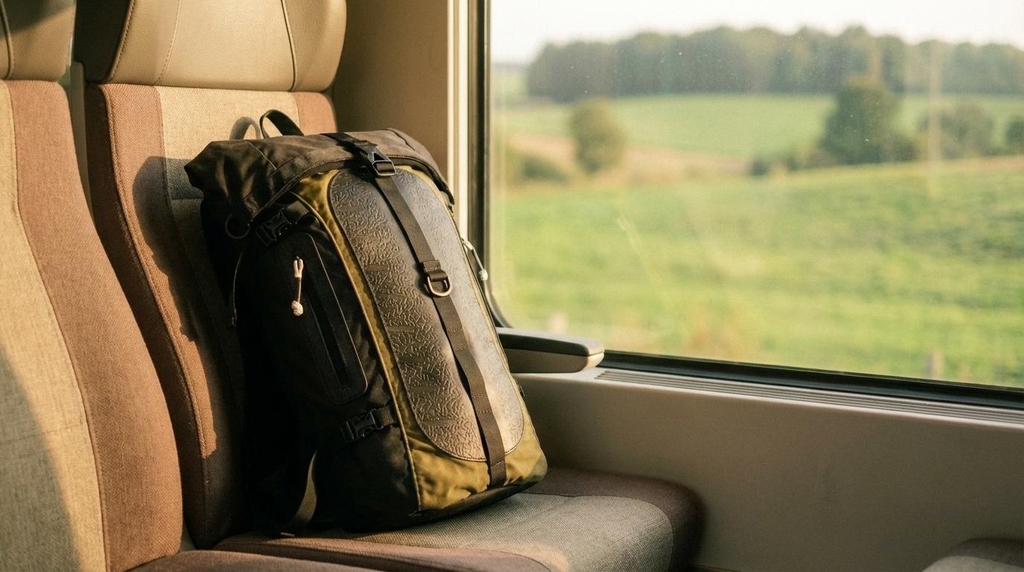 Nomara upcycled backpack resting on a train seat, golden countryside passing through the window - slow travel, no flights required.