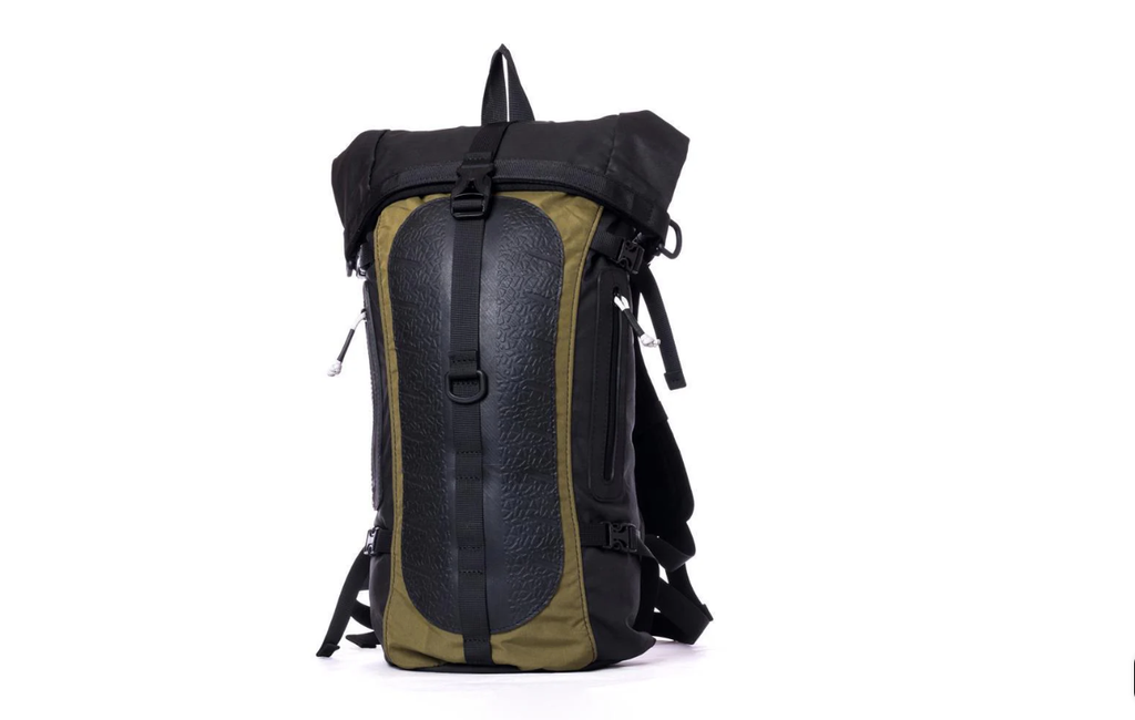 Water-resistant laptop backpack - upcycled canvas with inner-tube trim 