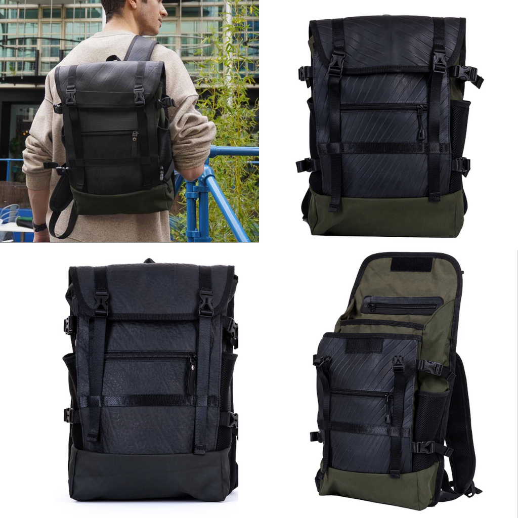 Water-resistant laptop backpack - upcycled canvas & inner-tube, 15 L / 20 L