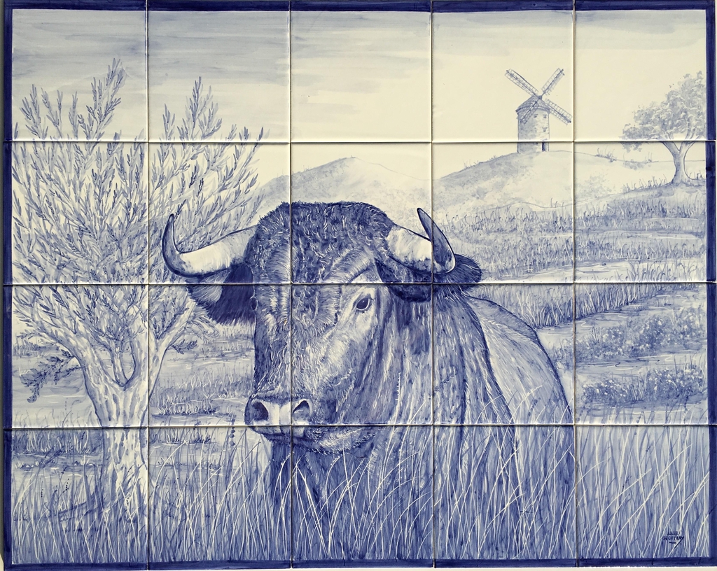 Fresque d'un taureau camarguais entièrement peint à la main- carreaux de 15x15cm