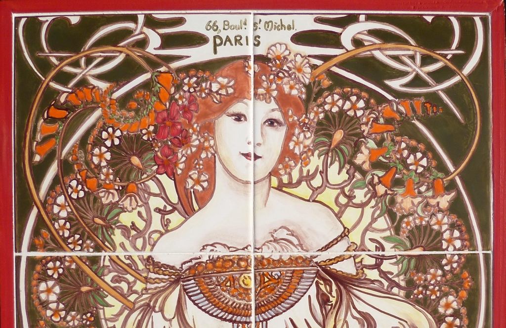 Fresque de quatre carreaux de faïence 15x15cm entièrement peinte à la main. Décor polychrome - Mucha Paris 