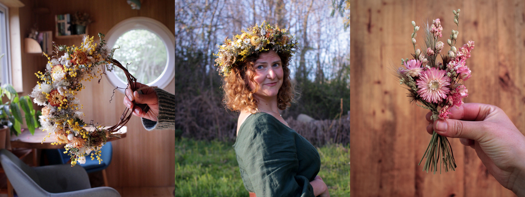Couronnes et bouquets de fleurs séchées pour mariages écologiques et romantiques.