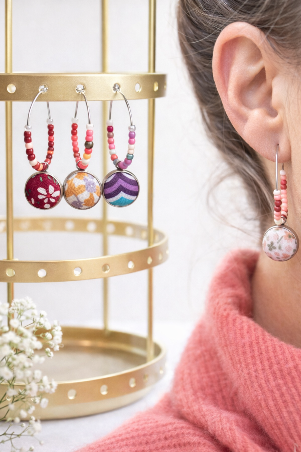 Boucles d'oreilles artisanales: acier inoxydable et tissu