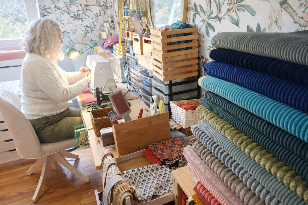 Je couds le velours dans mon atelier de la Baie du Mont Saint-Michel, en Bretagne