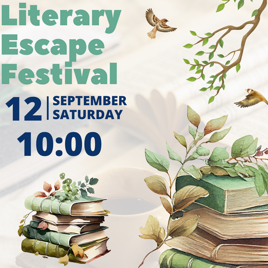 Logo of the Literary Escape Festival in Oxford: Books and autumn foliage with two sparrows mid flight.