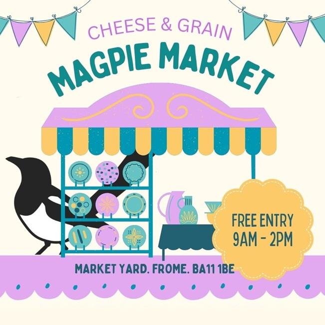Logo of the Magpie Market in Frome:  A magpie behind a colourful market stand displaying ceramic wares.