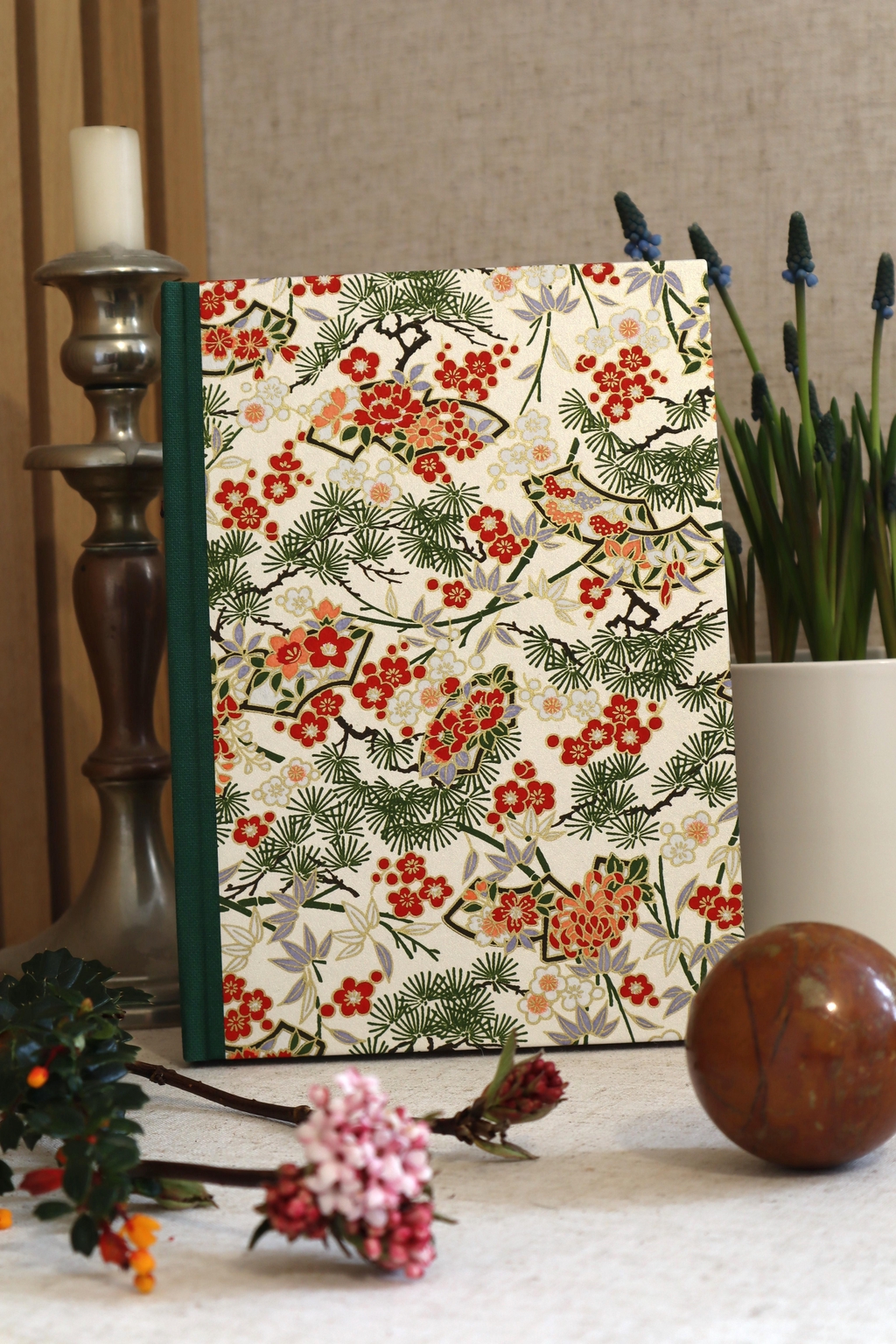 A traditionally handmade notebook or journal bound in Japanese Chiyogami Paper.