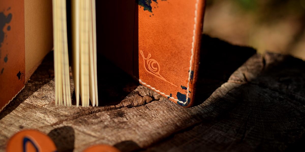 Photo d'un carnet et son couvre-carnet de la marque Helix échappée cuir ouvert, posé sur un tronc.