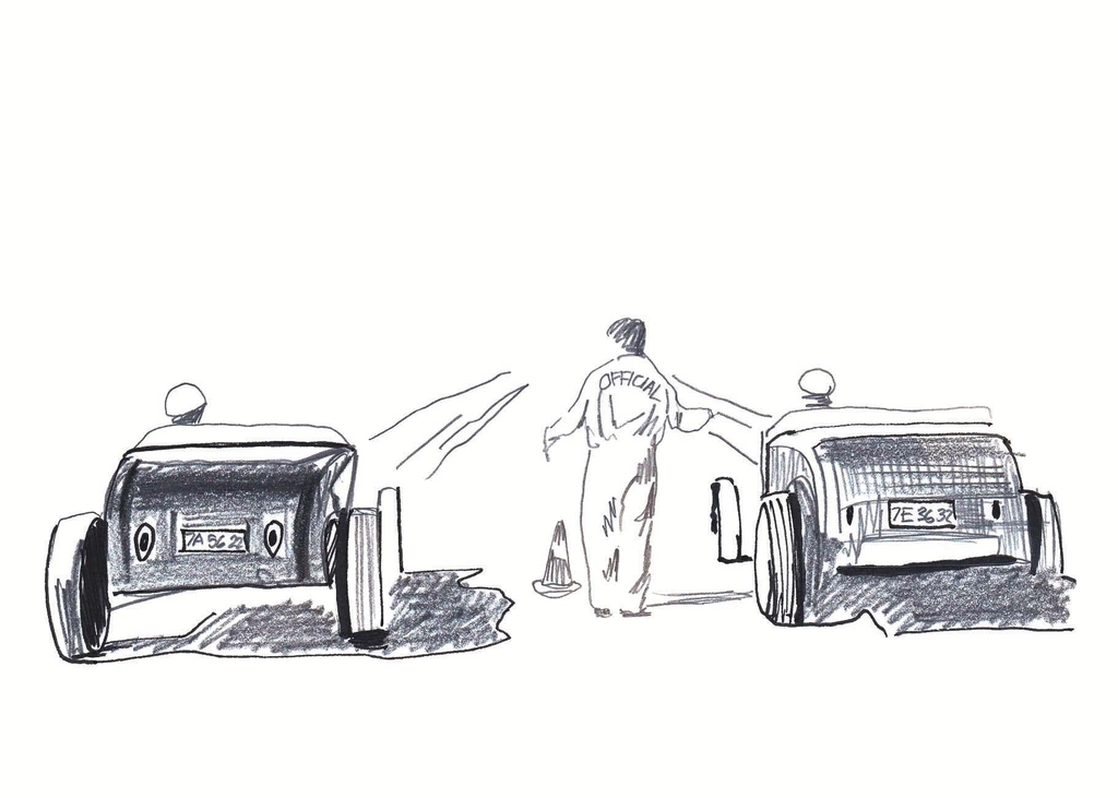 An original HanDrawn illustration of classic Ford Model A hot rods at the startline, automotive artwork by a UK based artist.