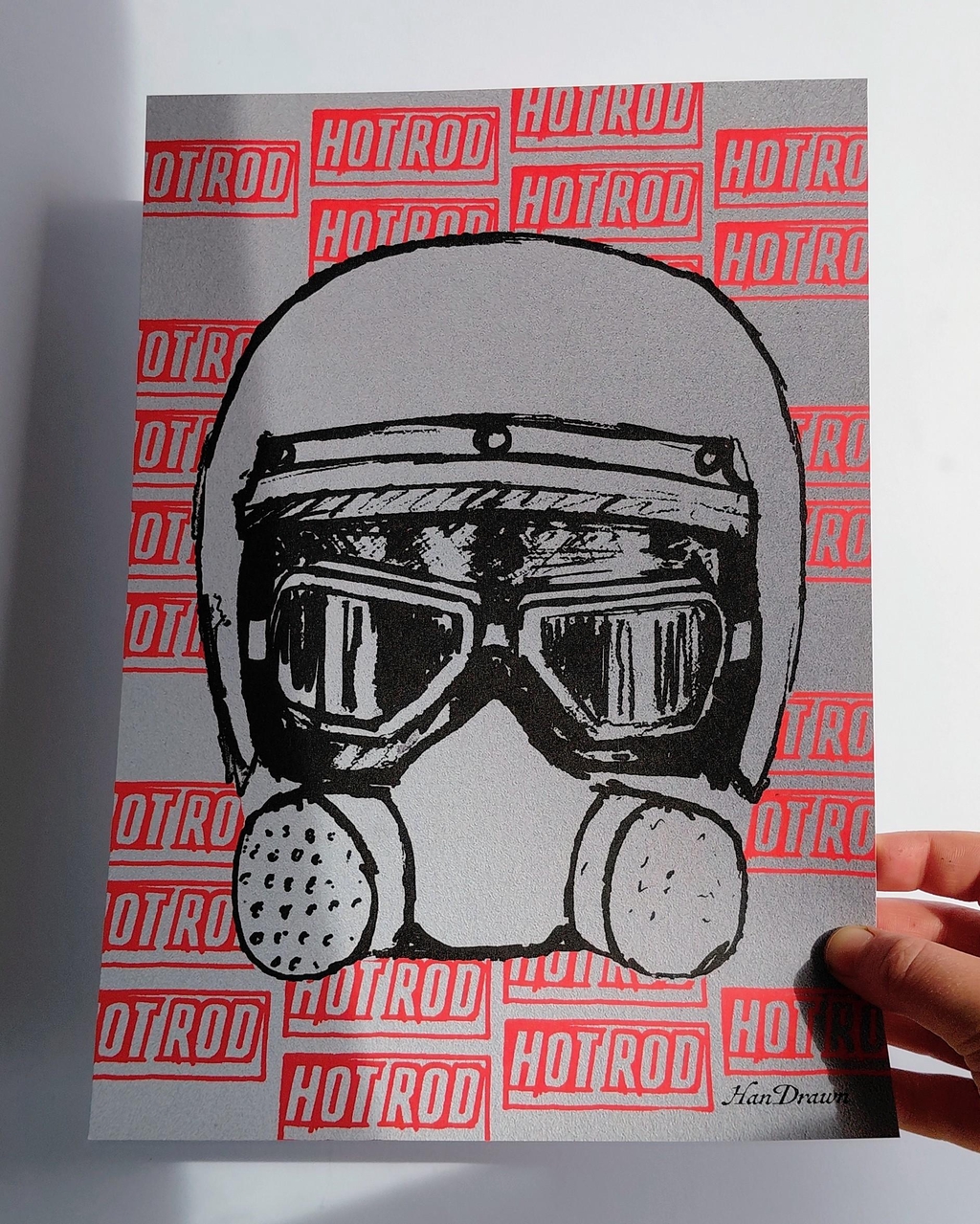 Graphic illustration of a drag racing Nitro Mask in silver and red, automotive wall art by a UK illustrator