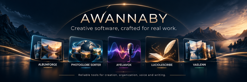 Creative software. Crafted for real work.

Independent software publisher · Developed in France

ALBUMFORGE · PHOTOGLOBE SORTER · AYELIAVOX · LUCIOLESCRIBE · VAELENN
